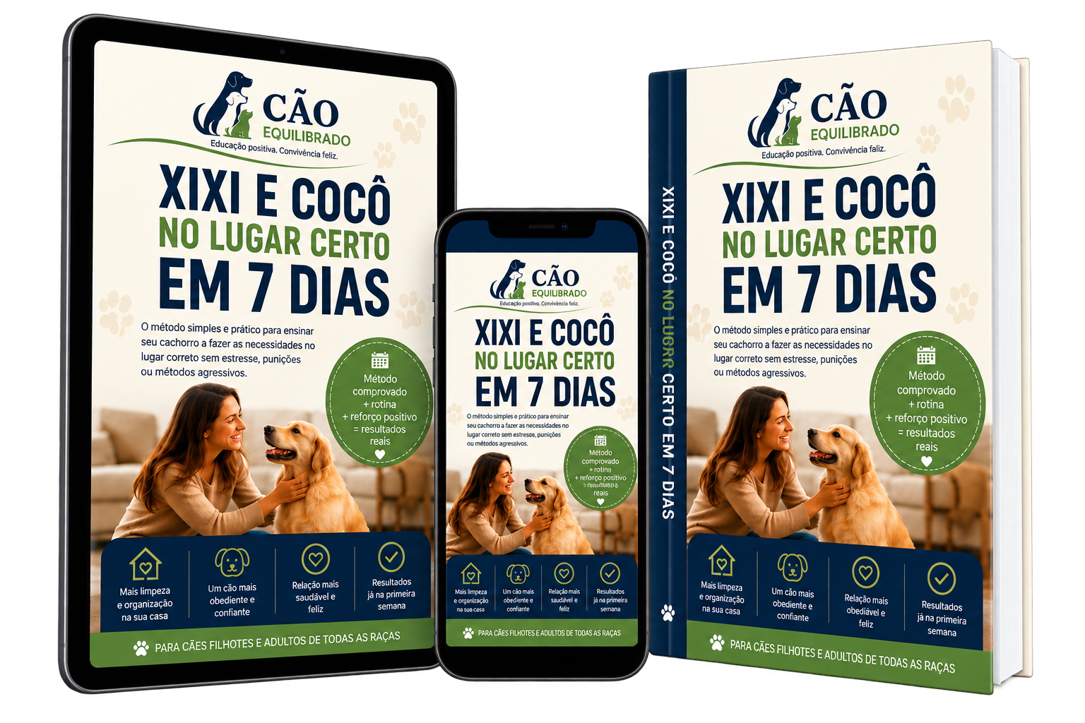 Mockup do e-book Xixi e Cocô no Lugar Certo em 7 Dias em tablet, celular e livro
